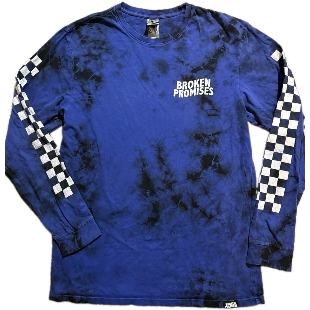 Broken Promises Long Sleeve Tie Dye Checker Graphic Tee Blue Black Mens L Shirt